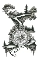 horseshoe compass clock path landscape forest sky stairs map tattoo design idea