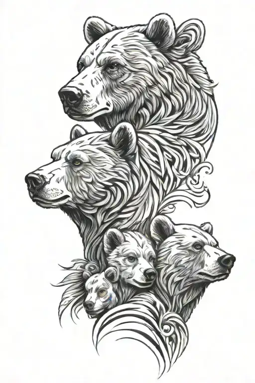 Family tattoo with 2 parents and 2 kids bear head profile holding tattoo design idea