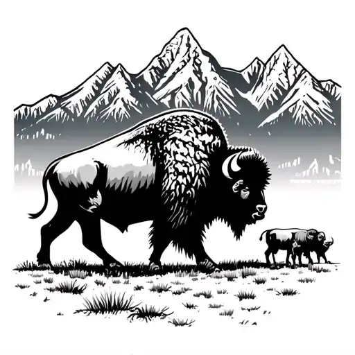 Grand Tetons mountains with a bull bison walking and two baby bison following behind  tattoo design idea