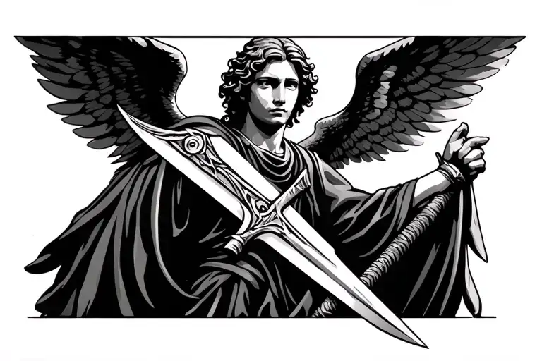 guardian angel with wings spread holding a sword tattoo design idea