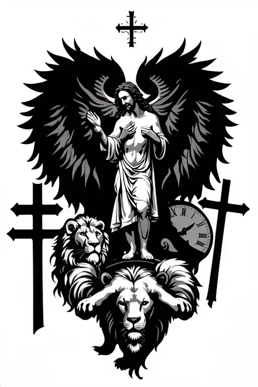 I appreciate Jesus praying at the bottom, close to the crosses, and I like the lion and the clock. I also want the quota tattoo design idea