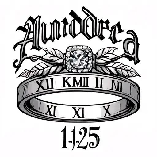 Create a tattoo using the word "Aundrea" , a wedding ring & the date 1/1/25 in Roman numerals  tattoo design idea