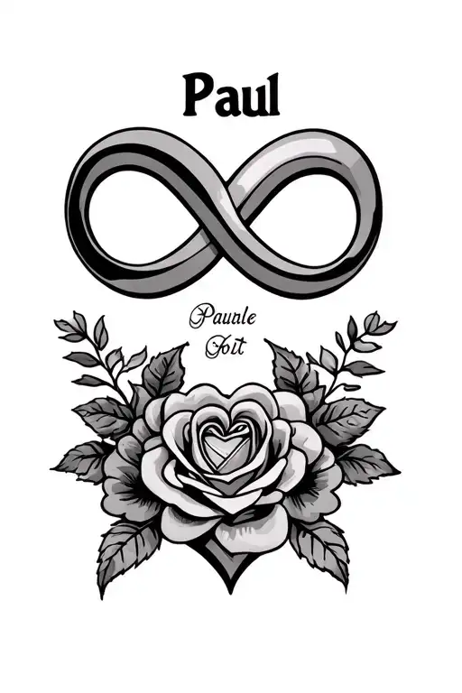infinity sign incorporated with name Paul with roses and a heart tattoo design idea