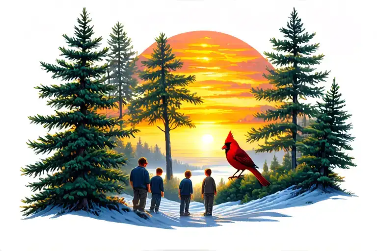 A bright scene with various pine trees, a sunrise and sunset, a small red cardinal, and 3 sons represented. tattoo design idea