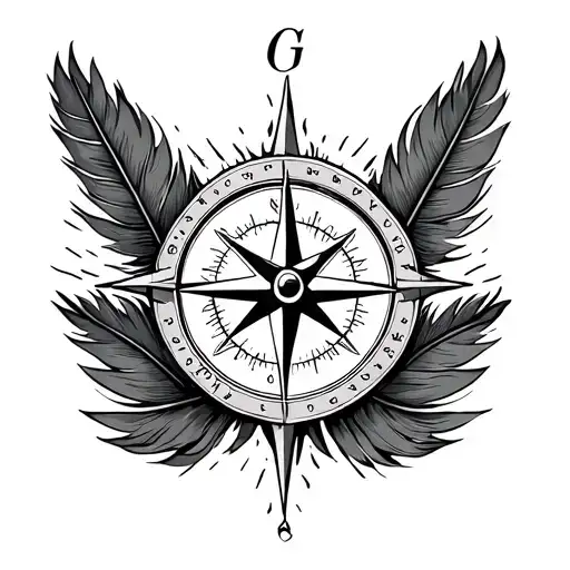 Create me a knee tattoo of a compass with backround bird feathers tattoo design idea