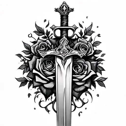 sword with jesus crown wrapped around the top, rose and vines wrapped  tattoo design idea
