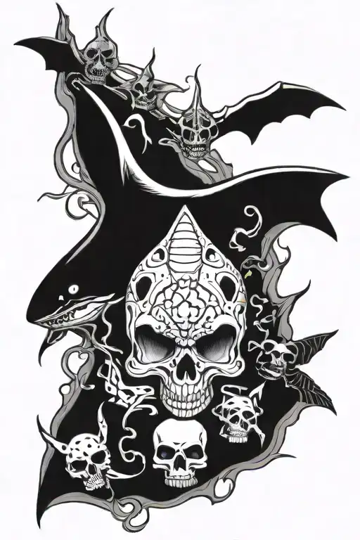 shark, bats, skull, moth, lightning, snake tattoo design idea
