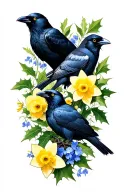 larkspur, holly, daffodil, two ravens tattoo design idea