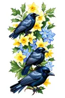 larkspur, holly, daffodil, two ravens tattoo design idea