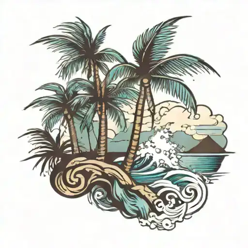 coconut tree 4 stars ocean mountain clouds  tattoo design idea