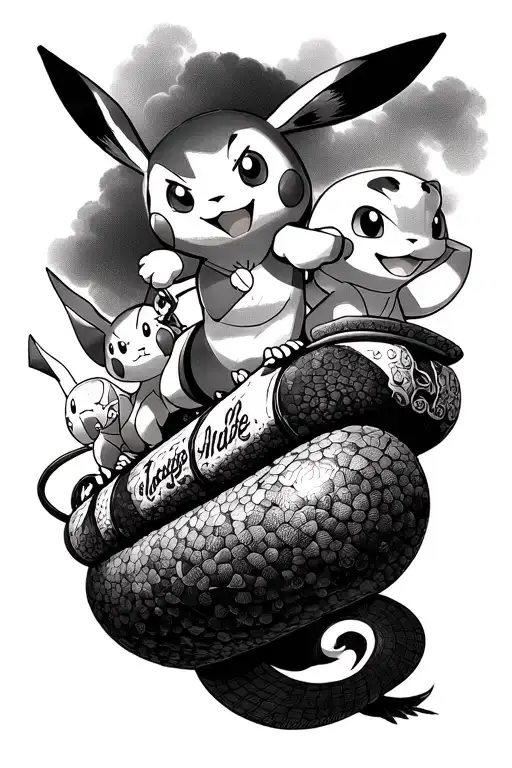 Black and white tattoo sleeve of pikachu, squirtle, charmander, and eevee and they’re all riding on onix tattoo design idea