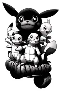 Black and white tattoo sleeve of pikachu, squirtle, charmander, and eevee and they’re all riding on onix tattoo design idea