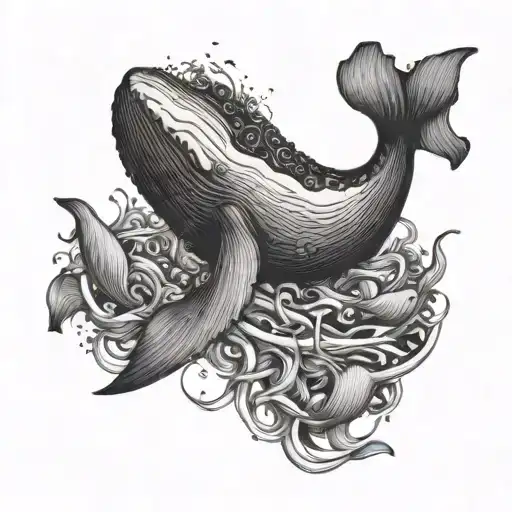 A whale swimming through a sea of clothes with a black-grey color scheme tattoo design idea