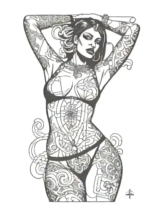 thick sexy Goth girl in a thong with G59 tattoos tattoo design idea