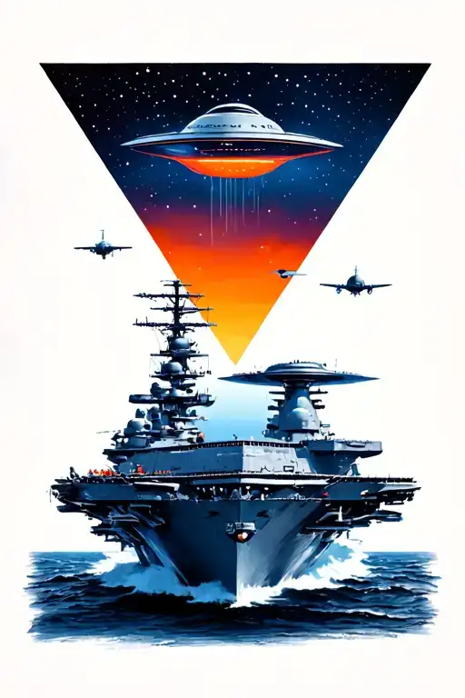 triangle shaped UFO flying over top a United States Aircraft Carrier tattoo design idea
