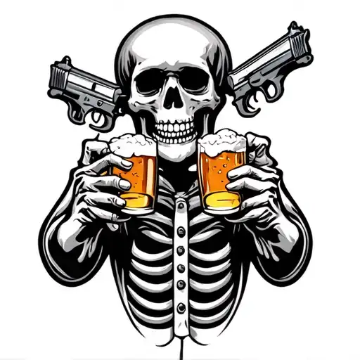skeleton drinking beer and shooting guns  tattoo design idea