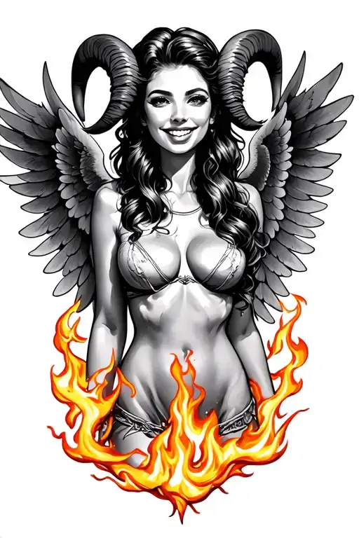 aries zodiac sign sexy woman smiling with wings surrounded fire  tattoo design idea