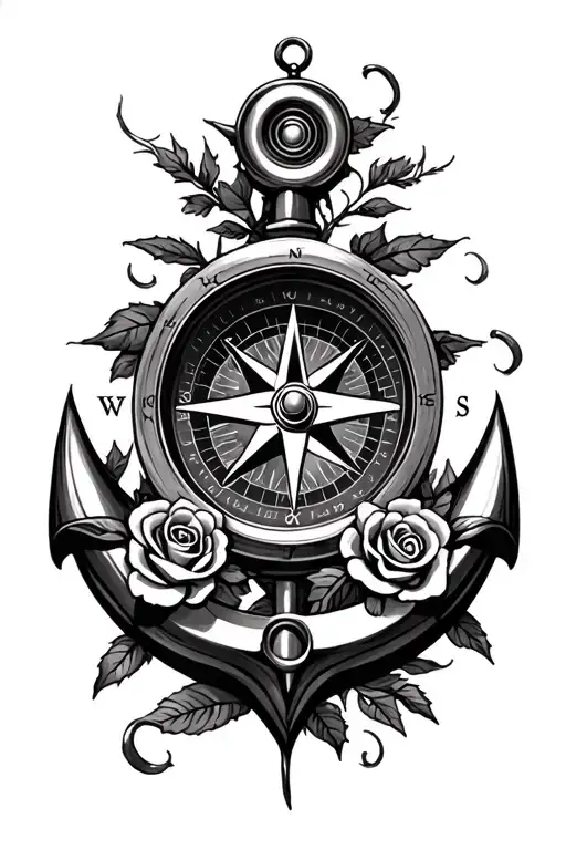nautical compass with roses and tress tattoo design idea