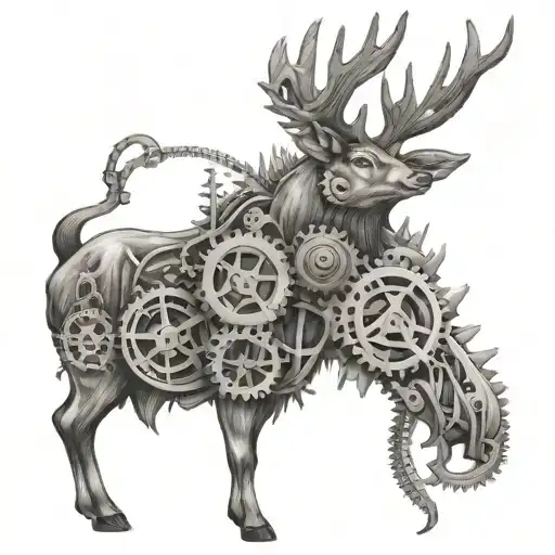 A majestic mule deer with antlers morphing into mechanical gears, showcasing the client's love for nature and engineering mechanics tattoo design idea