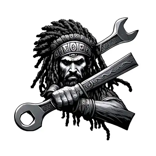 dreadlock war chief hold wrench crossed together tattoo design idea
