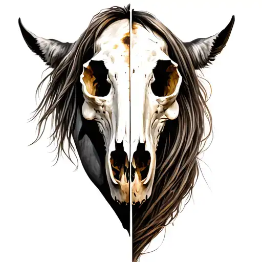 close up looking at , half horse skull on left half horse live face combined as one  tattoo design idea