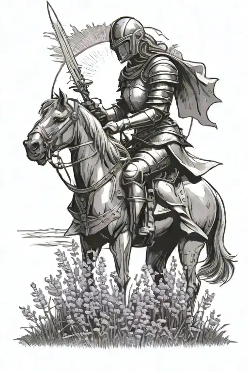 female kneeling knight wearing the armor of god in a field of lavender with the sky above, ray of light shining on her tattoo design idea