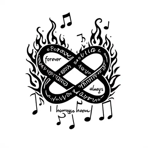 infinity symbol with the words "forever" and "always" written in cursive inside the symbol with music notes and fire  tattoo design idea