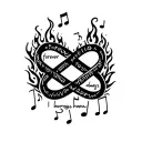 infinity symbol with the words "forever" and "always" written in cursive inside the symbol with music notes and fire  tattoo design idea