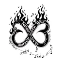 infinity symbol with the words "forever" and "always" written in cursive inside the symbol with music notes and fire  tattoo design idea