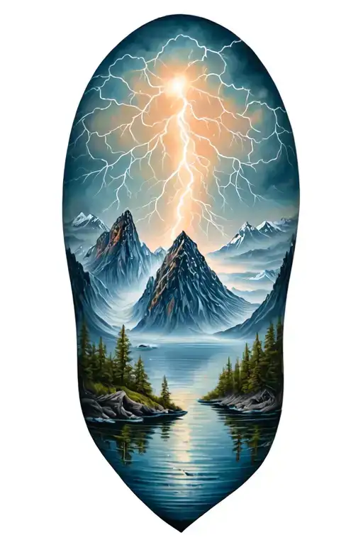 fjord and lightining storm and vegvisir and nature tattoo design idea