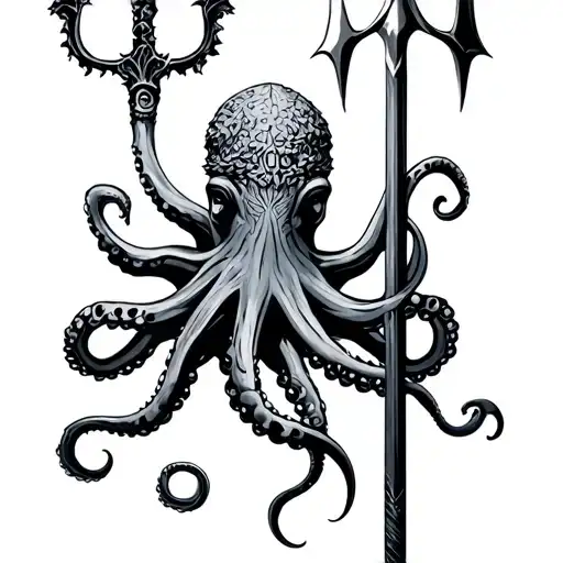 Poseidon with Black Art trident with octopus tattoo design idea