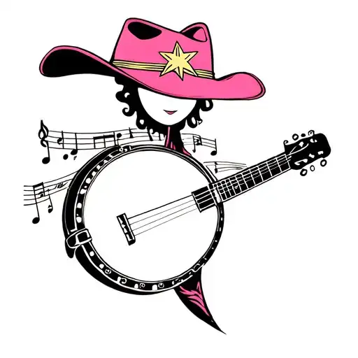 banjo upright. banjo music notes around banjo neck, pink cowgirl hat with a star on top of the banjo tattoo design idea