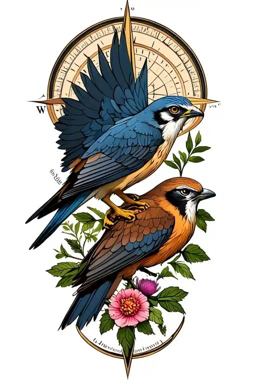 Kestrel bird, Phoenix, TUI bird, Lancashire rose, Thistle flower,Compass rose pointing north west tattoo design idea