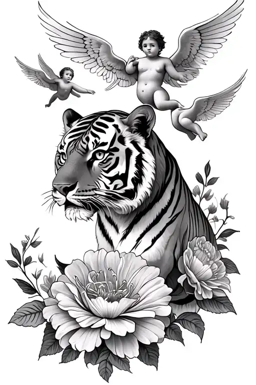 tiger flowers cherubs flying tattoo design idea