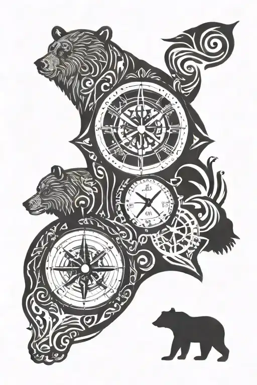 Bear Compass Clock Connor, Hailey & Ashley tattoo design idea