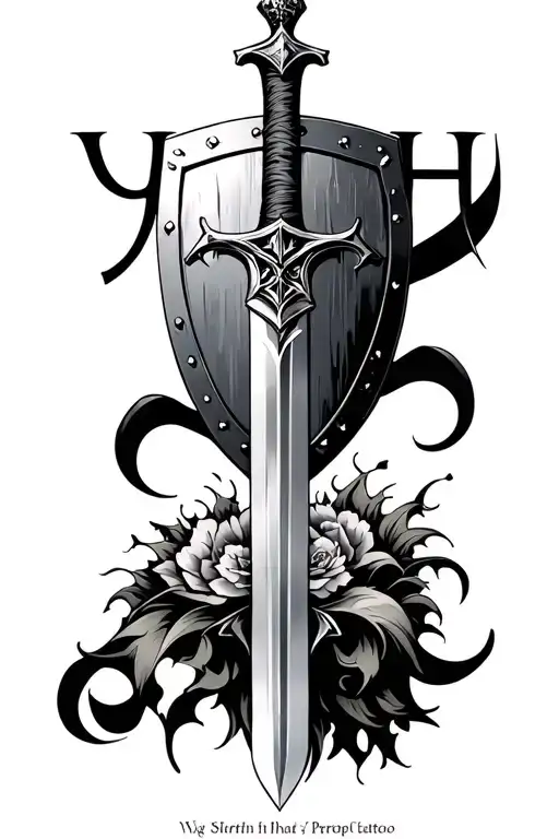 sharp sword and shield biblical below and letters "YHWH"above the image tattoo design idea