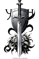 sharp sword and shield biblical below and letters "YHWH"above the image tattoo design idea