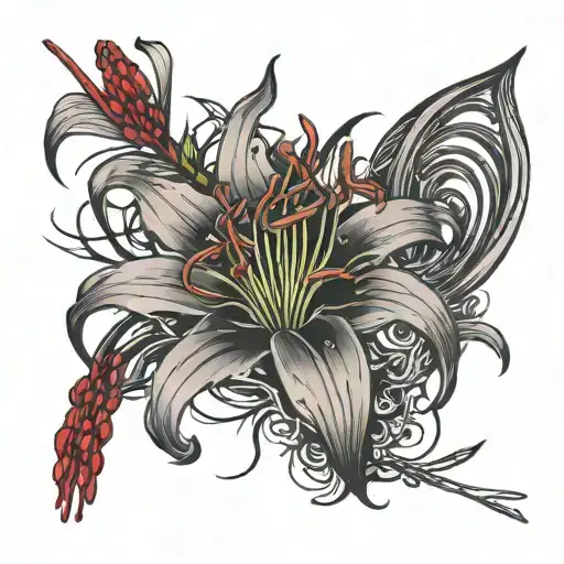 Red Spider Lily with "Sin and Punishment" in japanese tattoo design idea