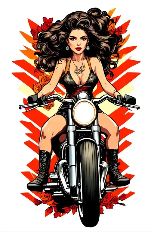 Pin up girl riding on a motor bike covering up corporal chevrons tattoo design idea