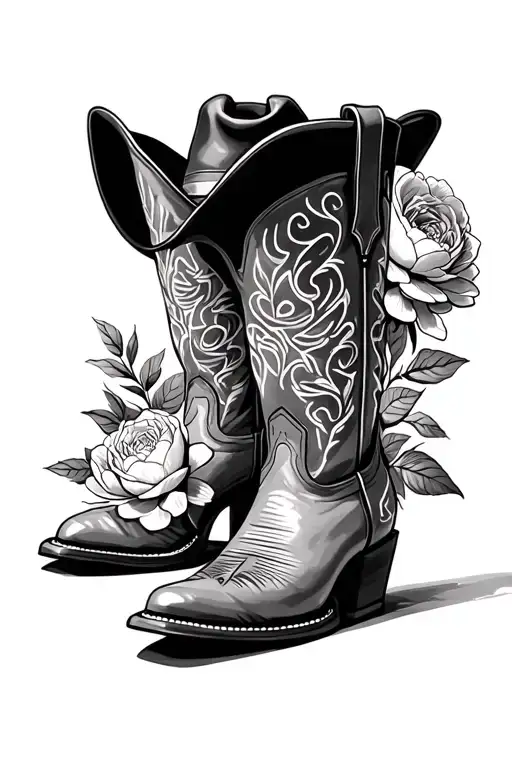 Cowboy Boots, hat and Peonies, femine tattoo design idea