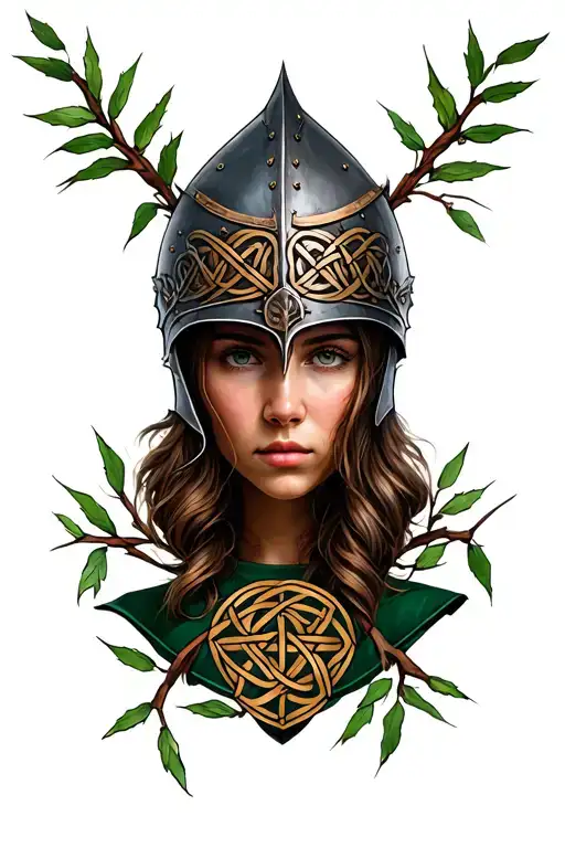 woman's face in a medieval Scottish armor helmet with Celtic knots and willow vines around it  tattoo design idea