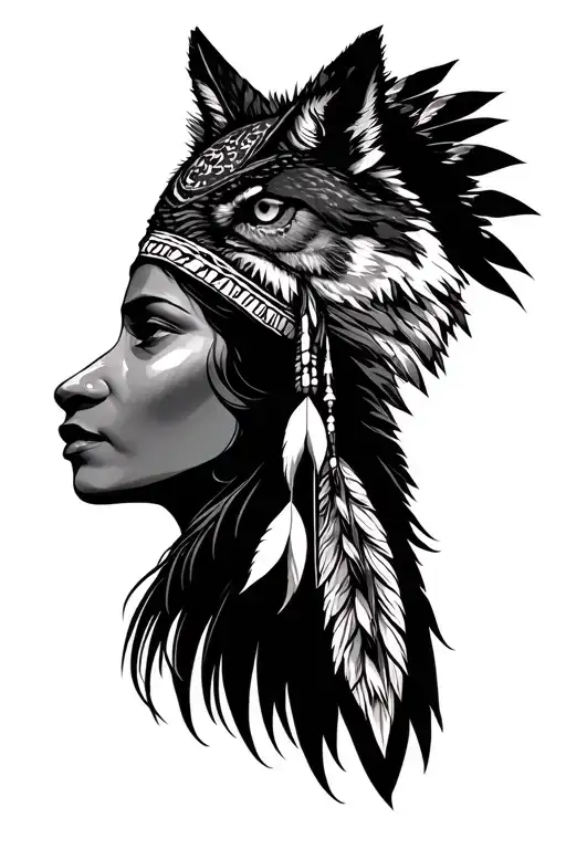 native american woman head with a wolf and an owl tattoo design idea