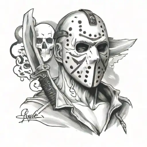 jason mask with a scary background and shii with some blood and a knife with blood on it with shh shh hah tattoo design idea