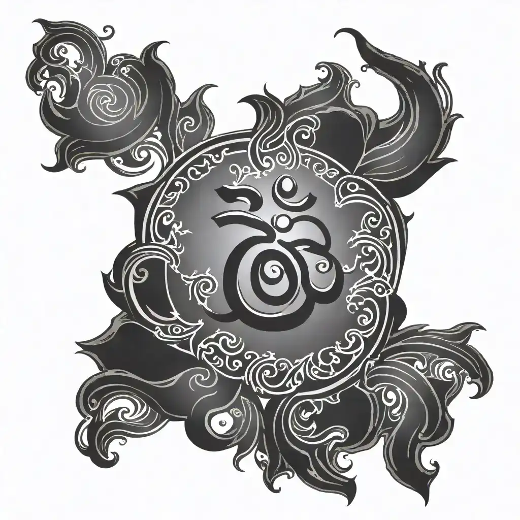 Design a spiritual hand tattoo featuring the 'Om' symbol at the center, using bold black ink. The design flows downward with elegant, curving lines and includes a stylized infinity loop beneath the 'Om' symbol. Three small dots are placed below the design, creating a balanced and symmetrical composition. The tattoo is placed on the side of the hand, extending from the base of the thumb toward the wrist. The overall look is spiritual and minimalist, with a focus on clean, flowing lines and symbolic elements representing peace and continuity. tattoo design idea