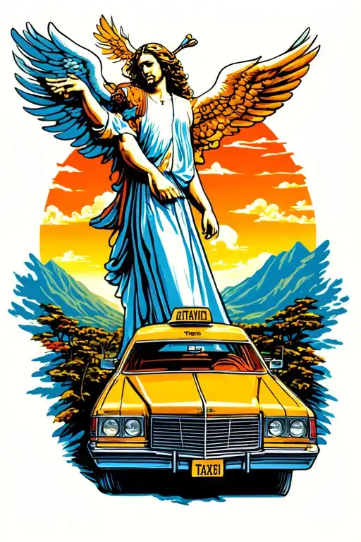 Taxi on the way to heaven with God in a background sunset tattoo design idea