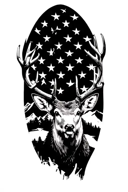 non typical mule deer buck, tattered u.s flag, mountains, not all who wonder are lost  tattoo design idea
