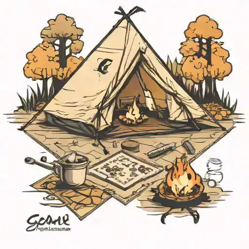 tent scrabble game coffee fish campfire tattoo design idea