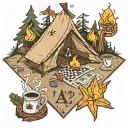 tent scrabble game coffee fish campfire tattoo design idea
