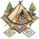 tent scrabble game coffee fish campfire tattoo design idea