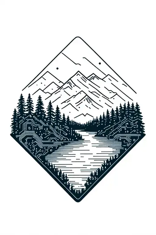 microchip circuit infused with forest with river flowing and  mountain in background  tattoo design idea